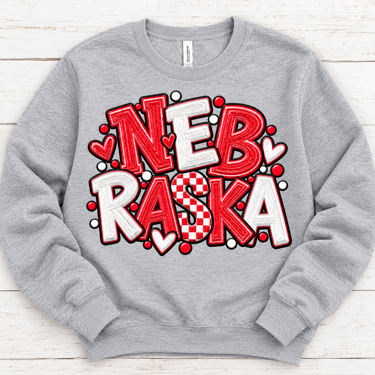 Nebraska Red & White Varsity Spirit Crewneck Sweatshirt | Bella+Canvas 3901 Heather Athletic