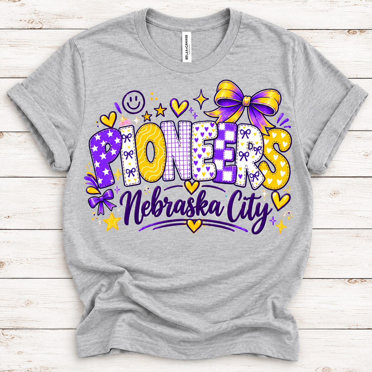 Nebraska City Pioneers Patchwork Spirit Tee (Bella+Canvas Silver)