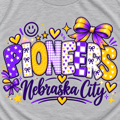 Nebraska City Pioneers Patchwork Spirit Tee (Bella+Canvas Silver)