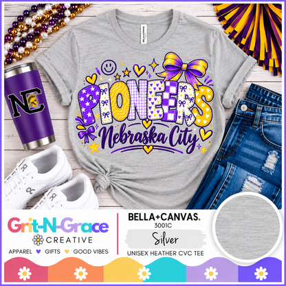 Nebraska City Pioneers Patchwork Spirit Tee (Bella+Canvas Silver)
