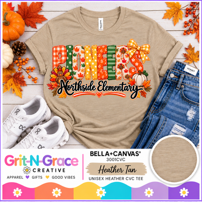 Thanksgiving PIONEERS Faux Embroidery Tee | BELLA+CANVAS Heather Tan