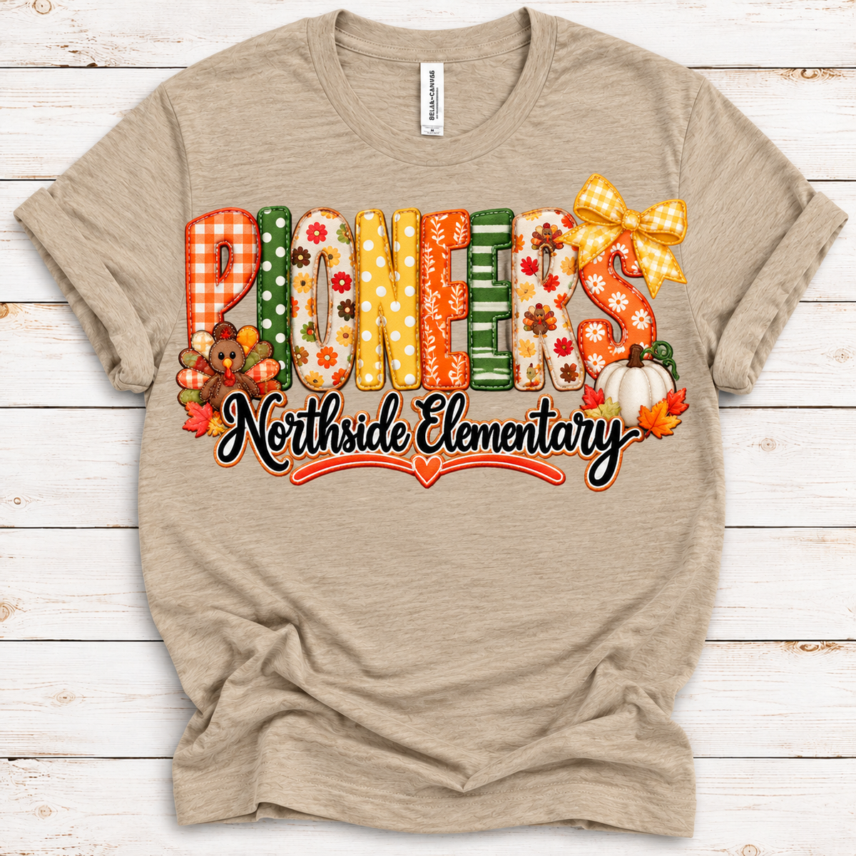 Thanksgiving PIONEERS Faux Embroidery Tee | BELLA+CANVAS Heather Tan