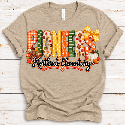 Thanksgiving PIONEERS Faux Embroidery Tee | BELLA+CANVAS Heather Tan