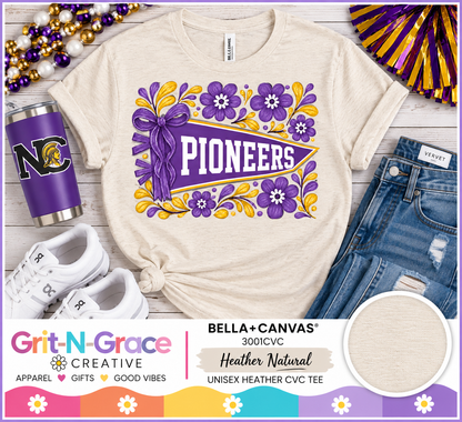 Nebraska City Pioneers Floral Pennant Tee (Bella+Canvas Heather Natural)