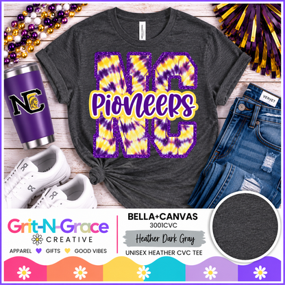 Nebraska City Pioneers NC Tie-Dye Spirit Tee (Bella+Canvas Heather Dark Grey)