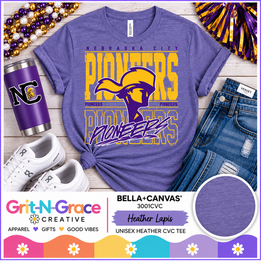 Nebraska City Pioneers Mascot Tee (Bella Canvas Heather Lapis)