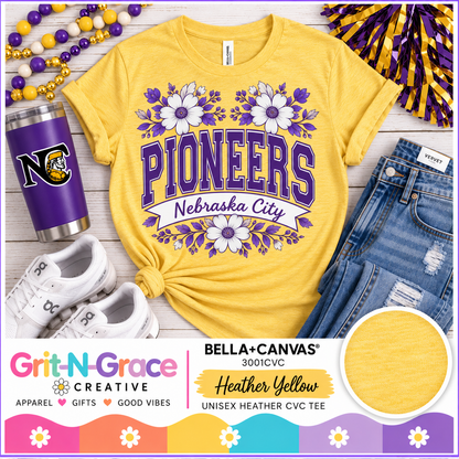 Nebraska City Pioneers Floral Spirit Tee (Bella+Canvas Heather Yellow)