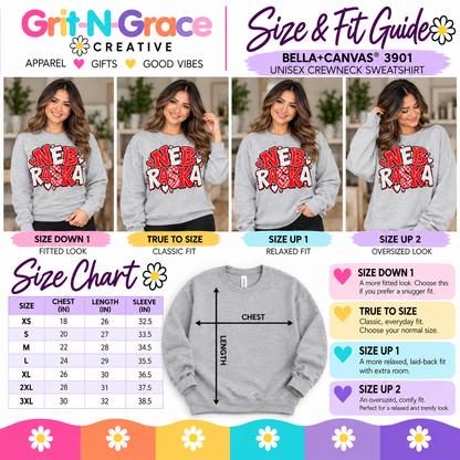 Nebraska Red & White Varsity Spirit Crewneck Sweatshirt | Bella+Canvas 3901 Heather Athletic