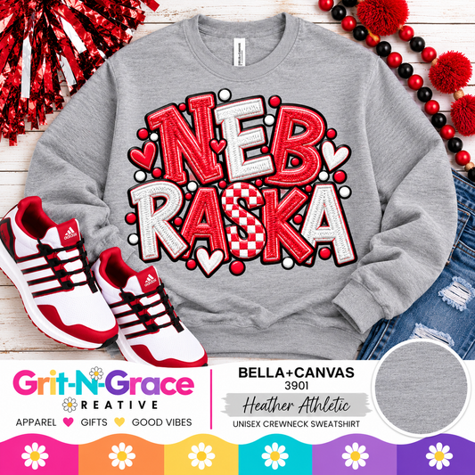 Nebraska Red & White Varsity Spirit Crewneck Sweatshirt | Bella+Canvas 3901 Heather Athletic