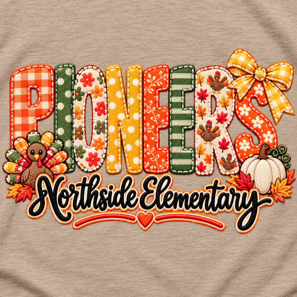 Thanksgiving PIONEERS Faux Embroidery Tee | BELLA+CANVAS Heather Tan