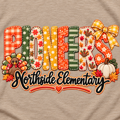Thanksgiving PIONEERS Faux Embroidery Tee | BELLA+CANVAS Heather Tan