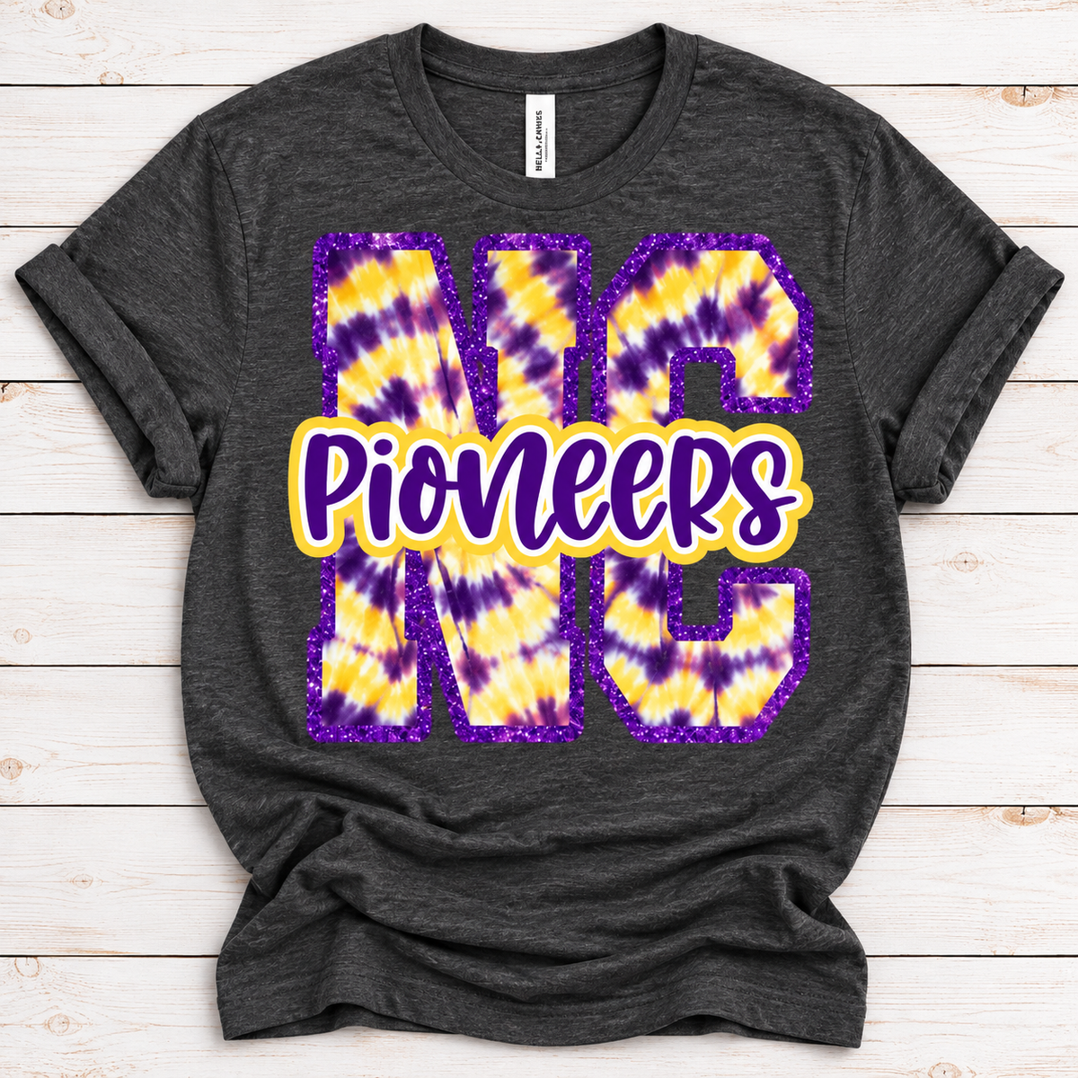 Nebraska City Pioneers NC Tie-Dye Spirit Tee (Bella+Canvas Heather Dark Grey)