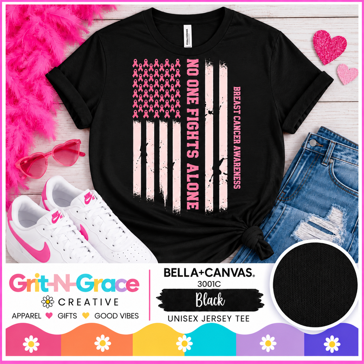 No One Fights Alone Breast Cancer Awareness Tee | BELLA+CANVAS Black