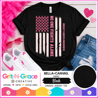 No One Fights Alone Breast Cancer Awareness Tee | BELLA+CANVAS Black
